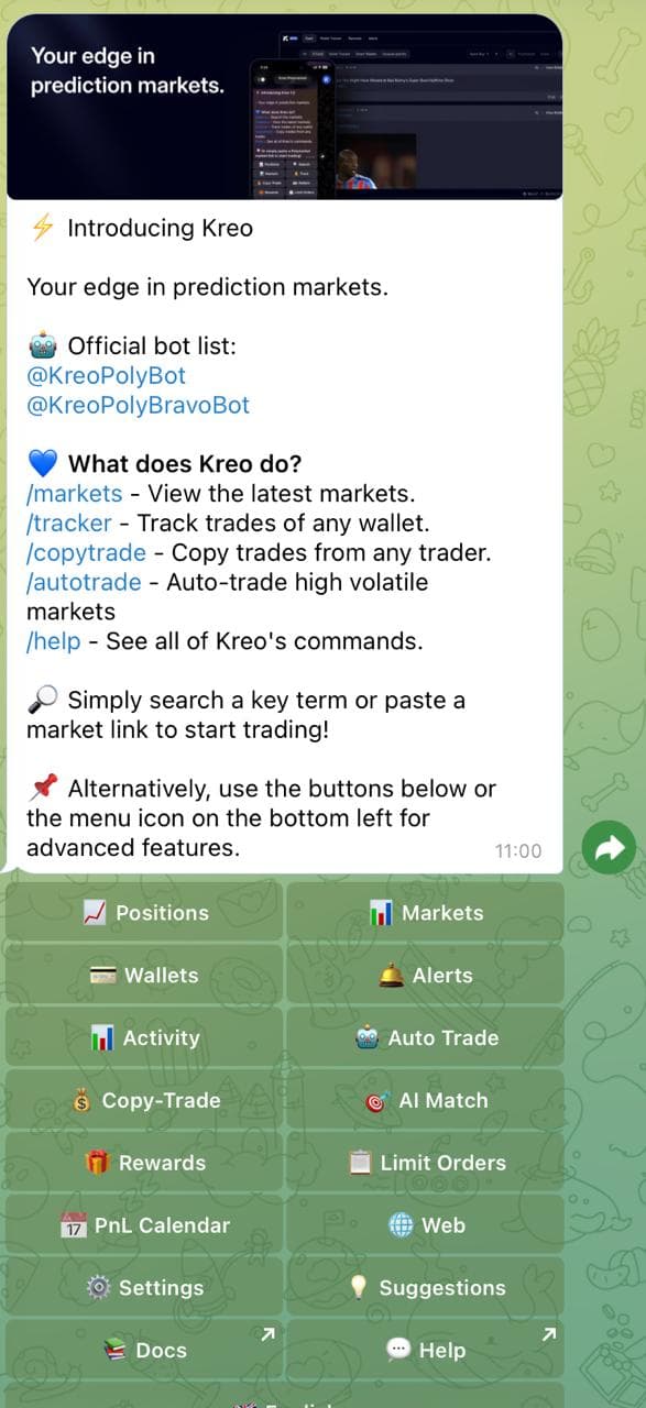 Kreo Polymarket bot main menu for passive copy trading and Telegram automation