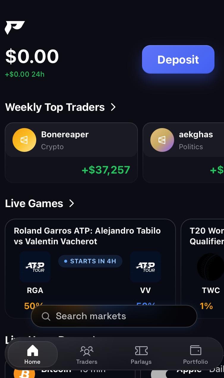 Polycool mobile app main menu with weekly top traders, live games, market search and portfolio tabs