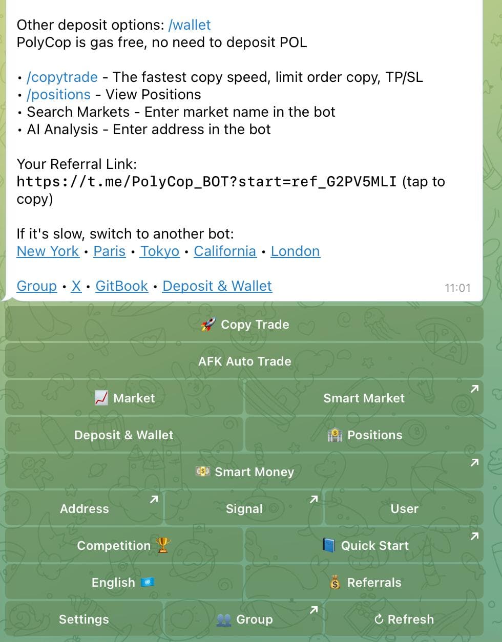 PolyCop Telegram bot main menu for Polymarket copy trading, wallet tools, smart money and referrals