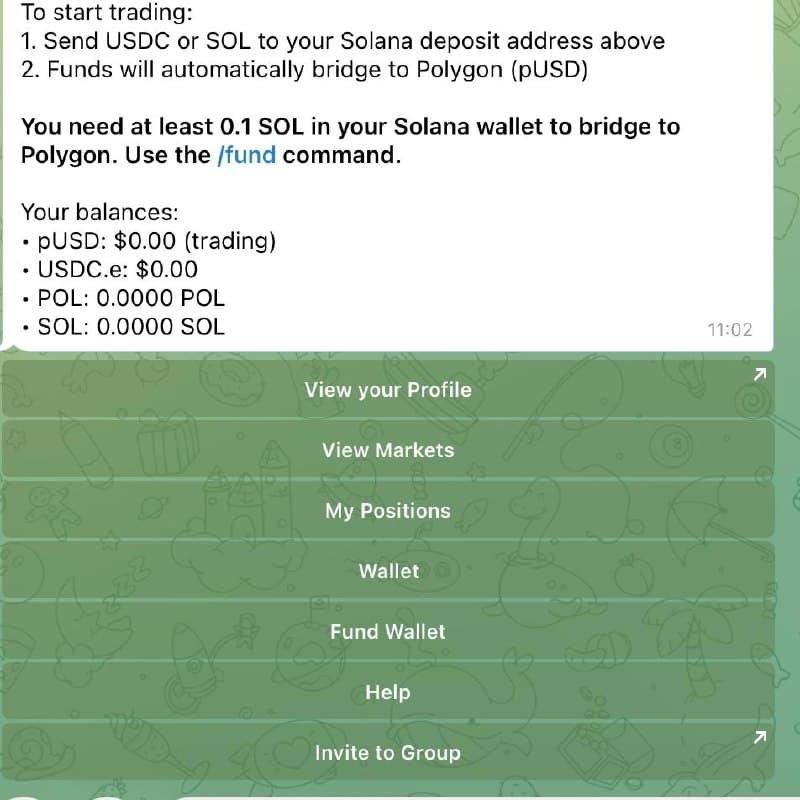 Polycule Telegram wallet and trading menu with profile, markets, positions, wallet and fund wallet actions