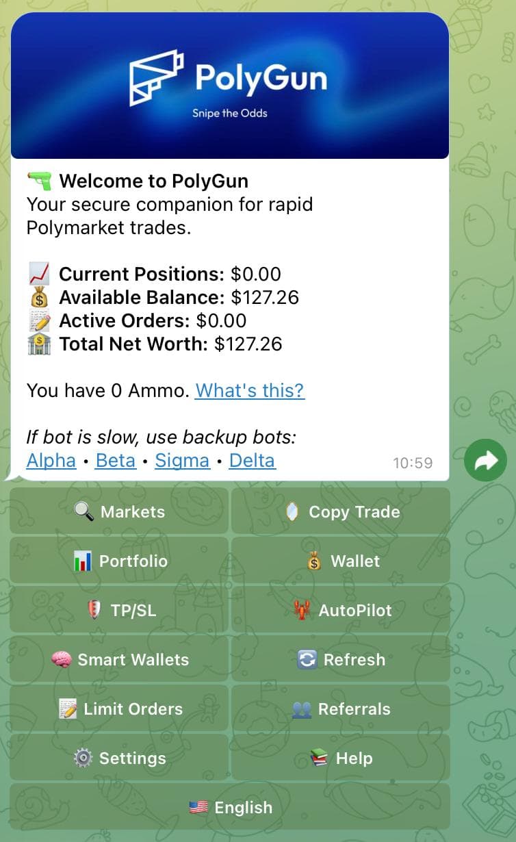 PolyGun Telegram bot main menu for sniper-style Polymarket execution