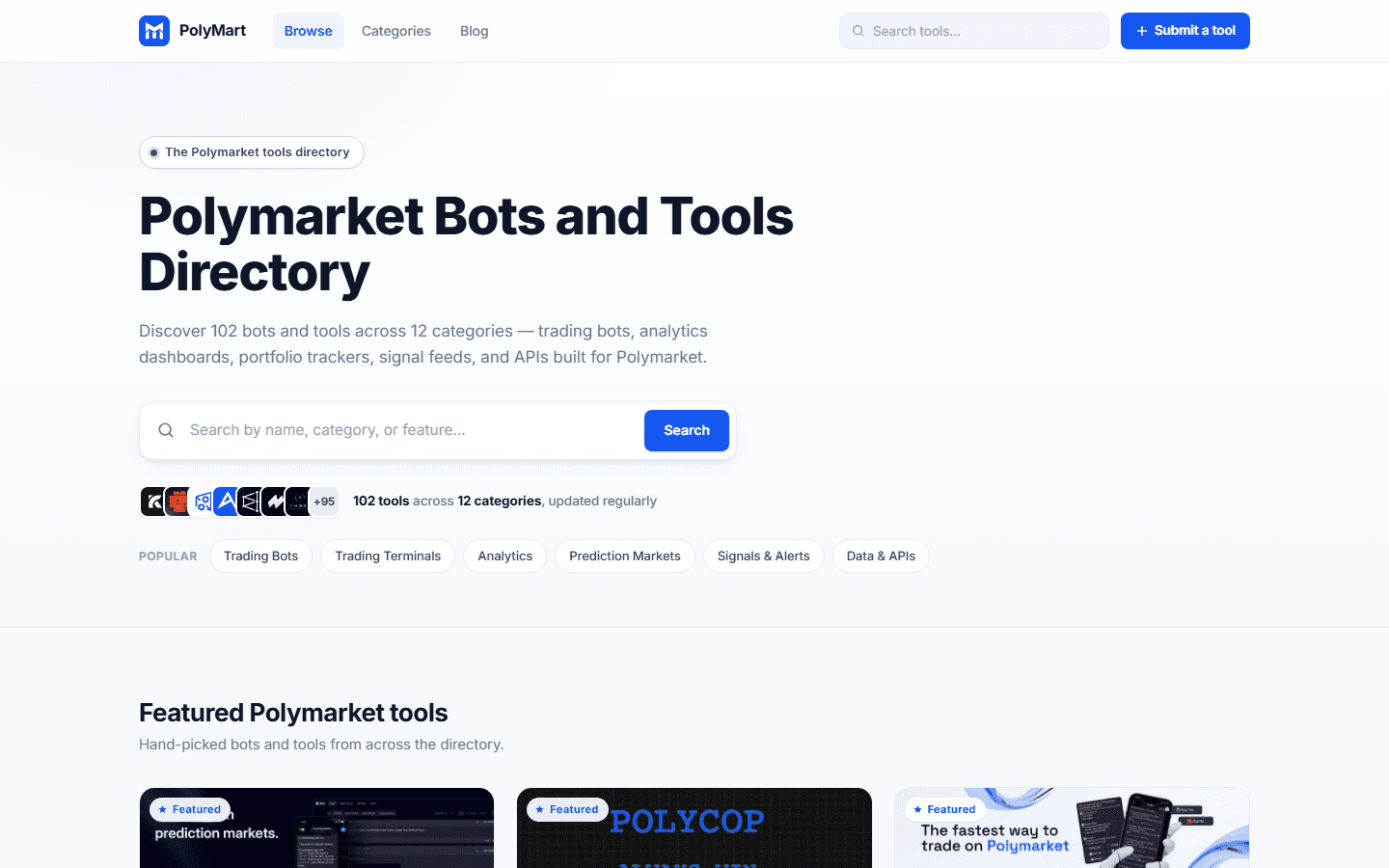 PolyMart 首页展示其 Polymarket 机器人和工具目录