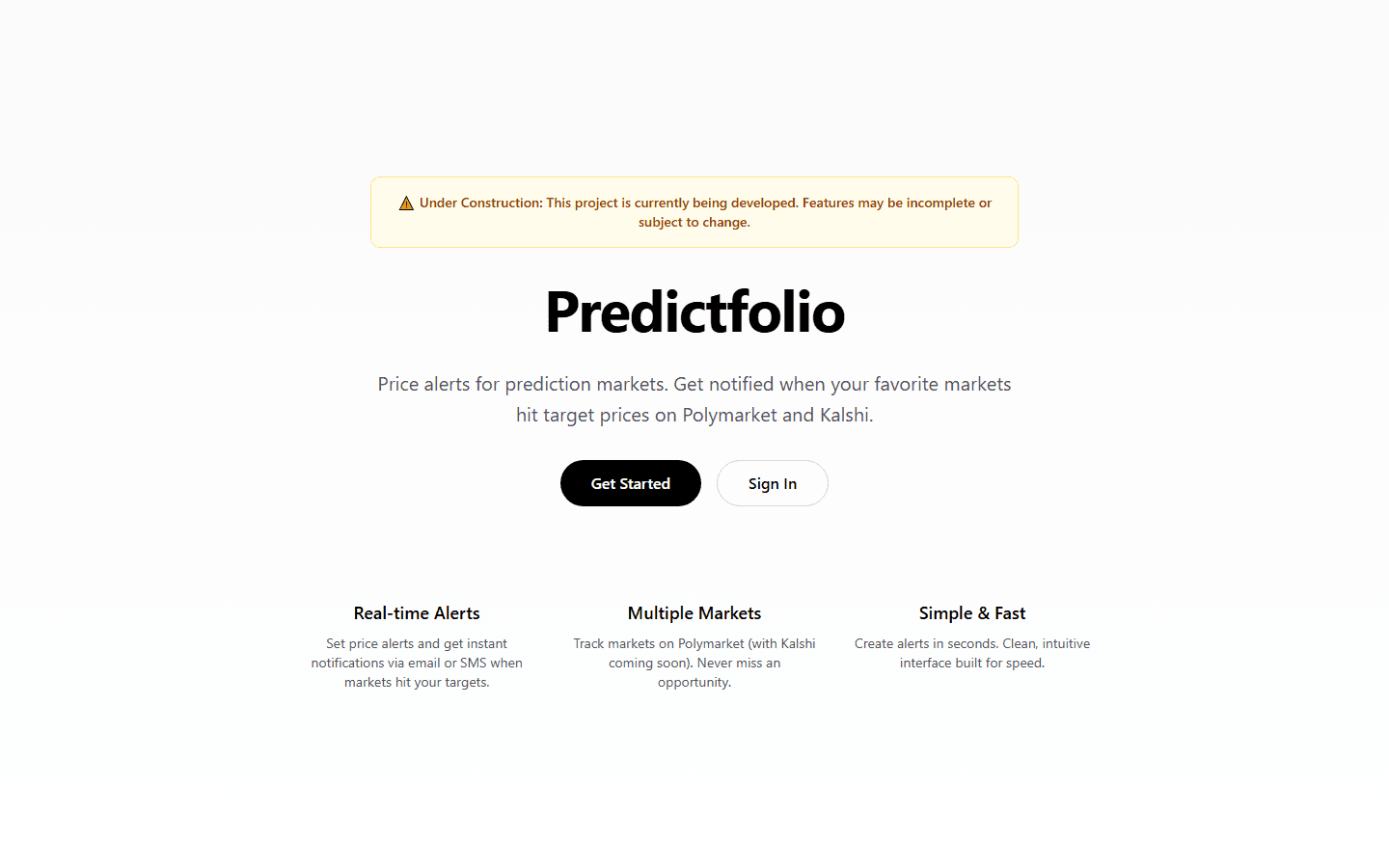 展示预测市场价格提醒功能的 PredictFolio 首页