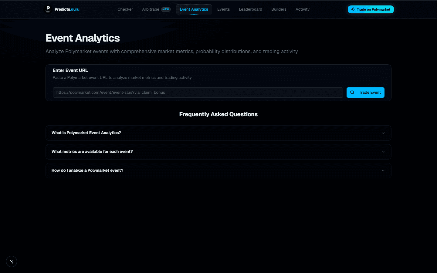 用於分析 Polymarket 事件 URL 的 Predicts.Guru Event Analytics 頁面