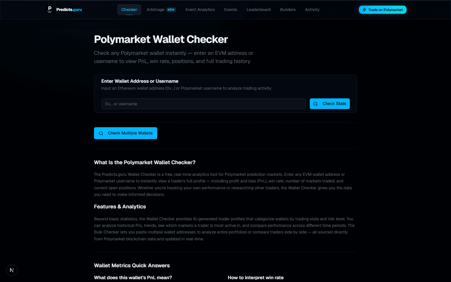 用於錢包研究的 Predicts.Guru Polymarket Wallet Checker 頁面