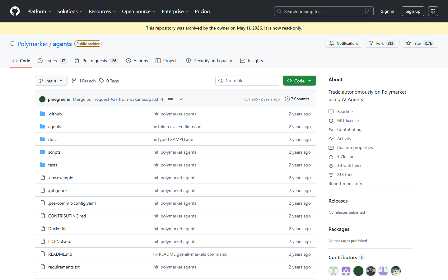 Archived Polymarket agents GitHub repository page