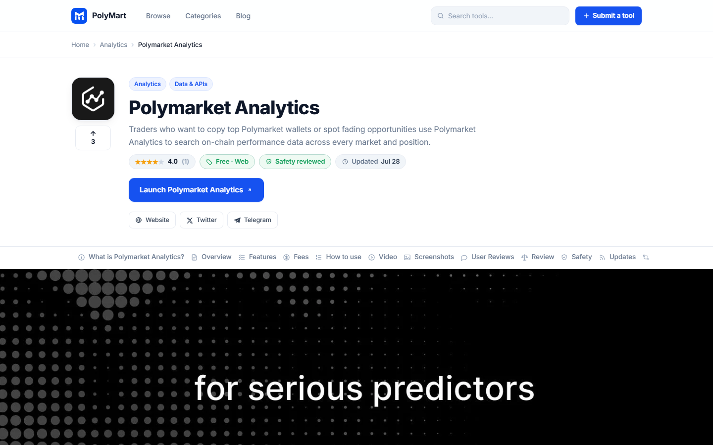 PolyMart 上的 Polymarket Analytics 产品条目,展示其交易者与市场研究概览