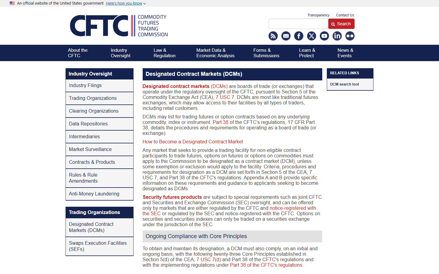 CFTC designated contract markets page explaining DCM oversight