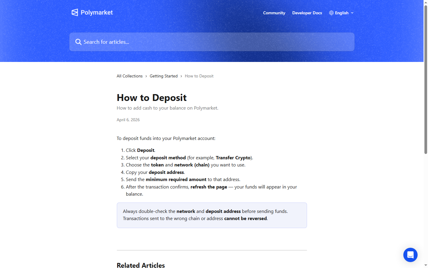 Polymarket Help Center article explaining the deposit flow