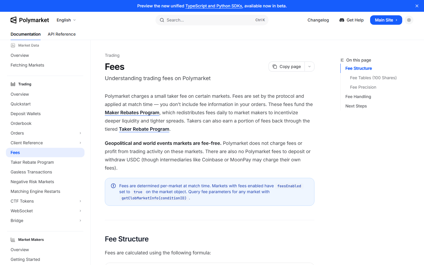 Polymarket documentation page explaining trading fees
