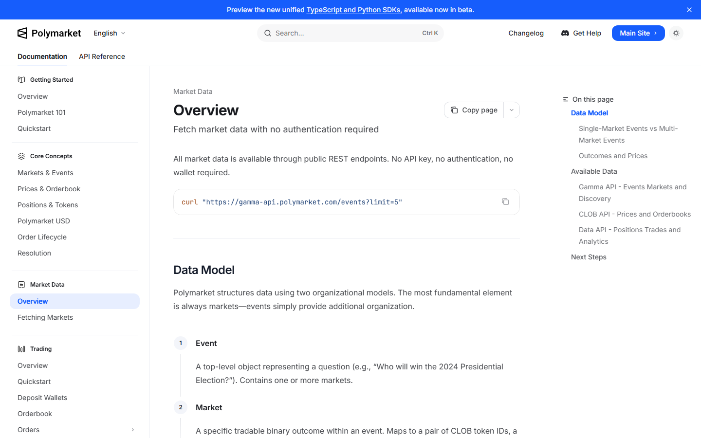 Polymarket documentation page explaining public market data endpoints