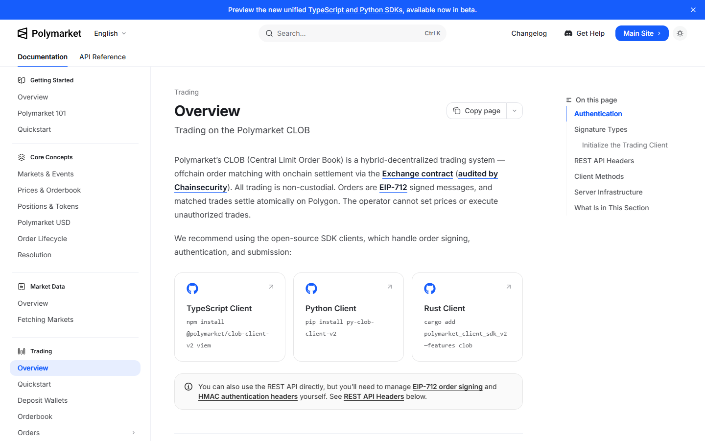 Polymarket documentation page explaining trading API requirements