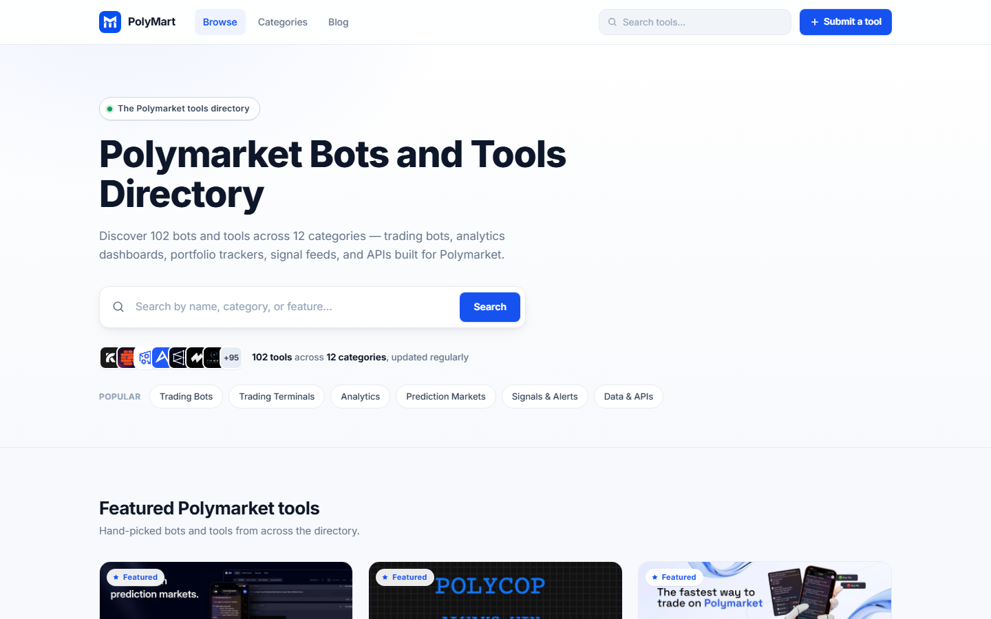 PolyMart 首頁,顯示其 Polymarket 機器人與工具目錄