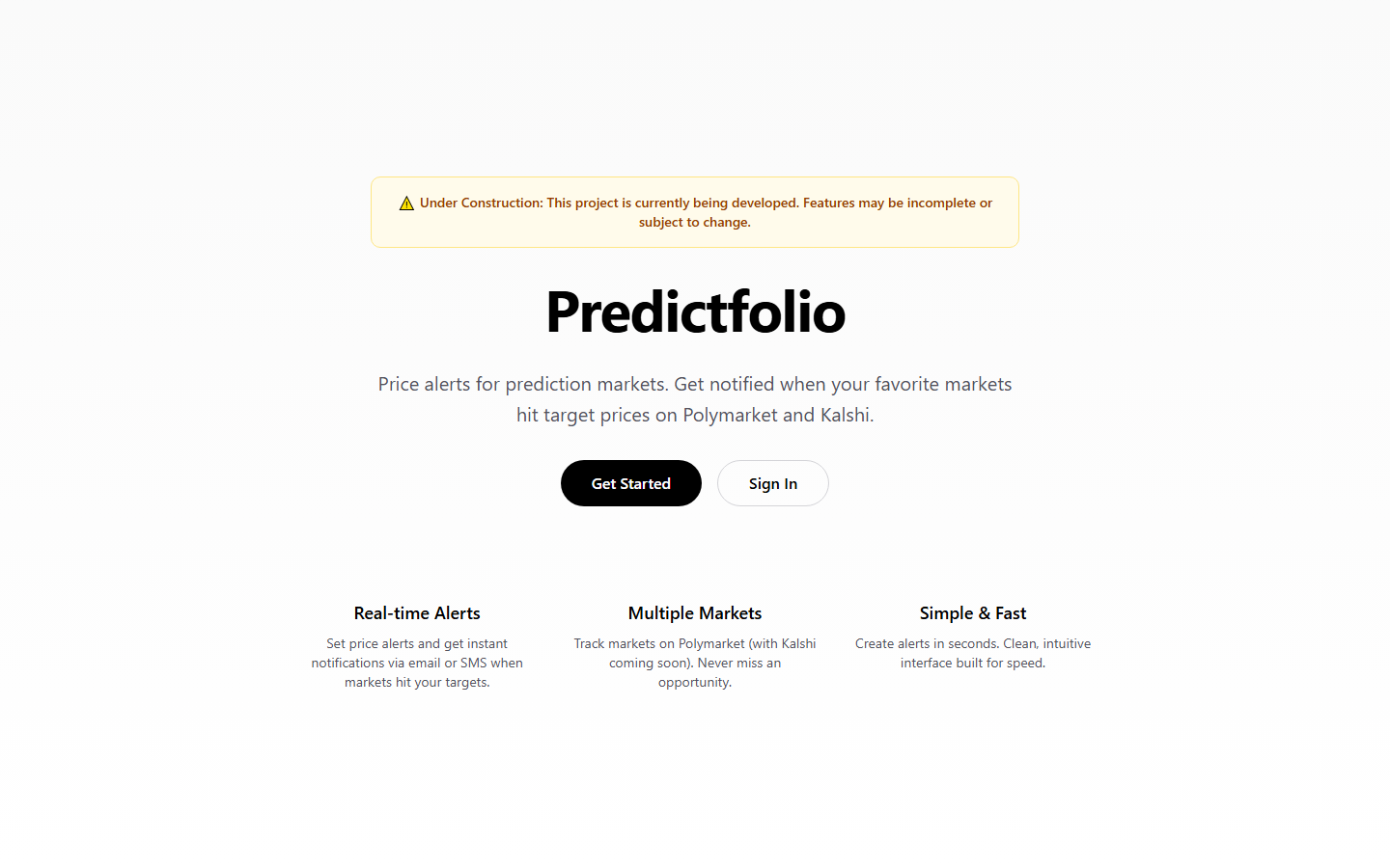 展示预测市场价格提醒功能的 PredictFolio 首页