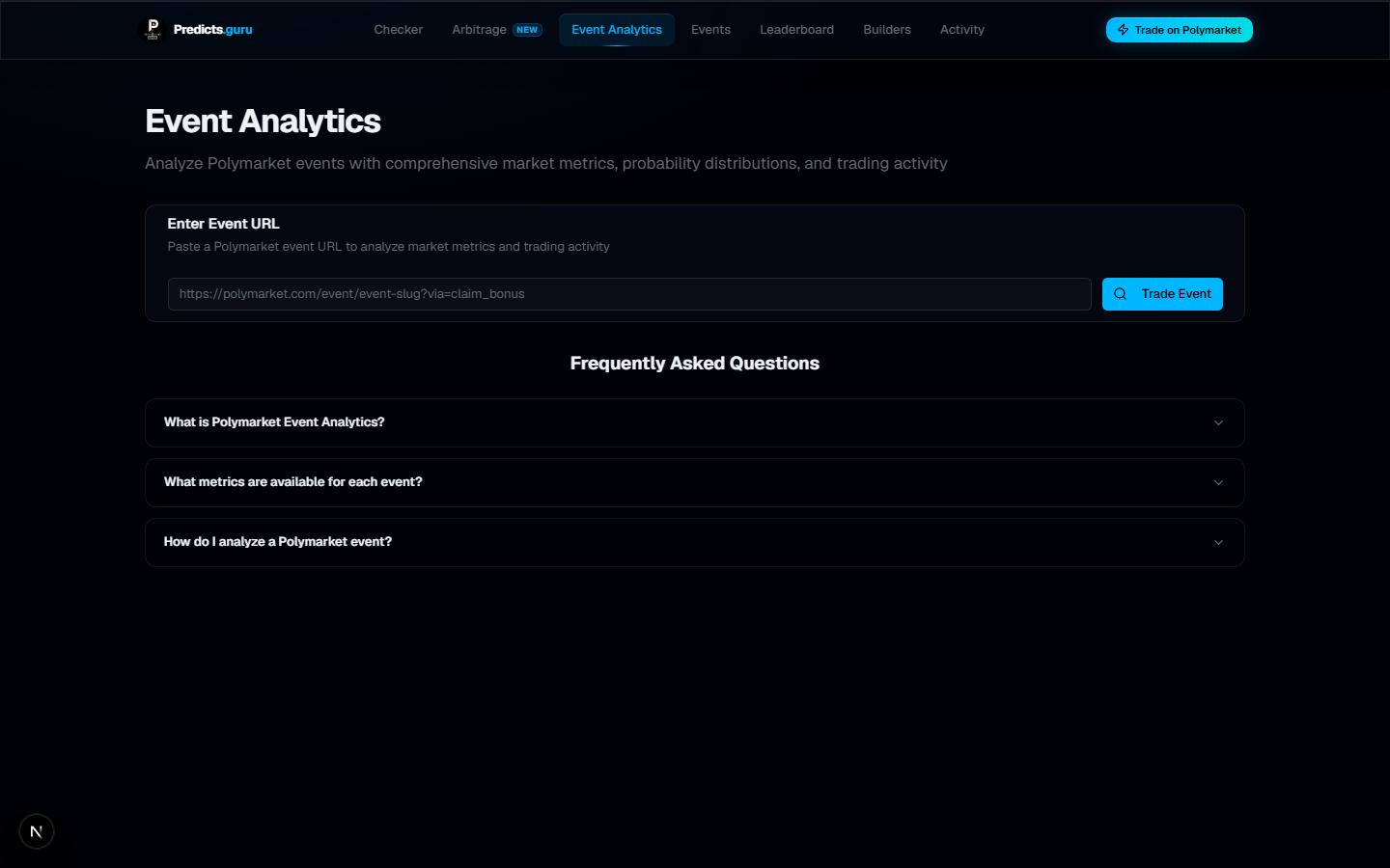 Predicts.Guru Event Analytics page for analyzing a Polymarket event URL