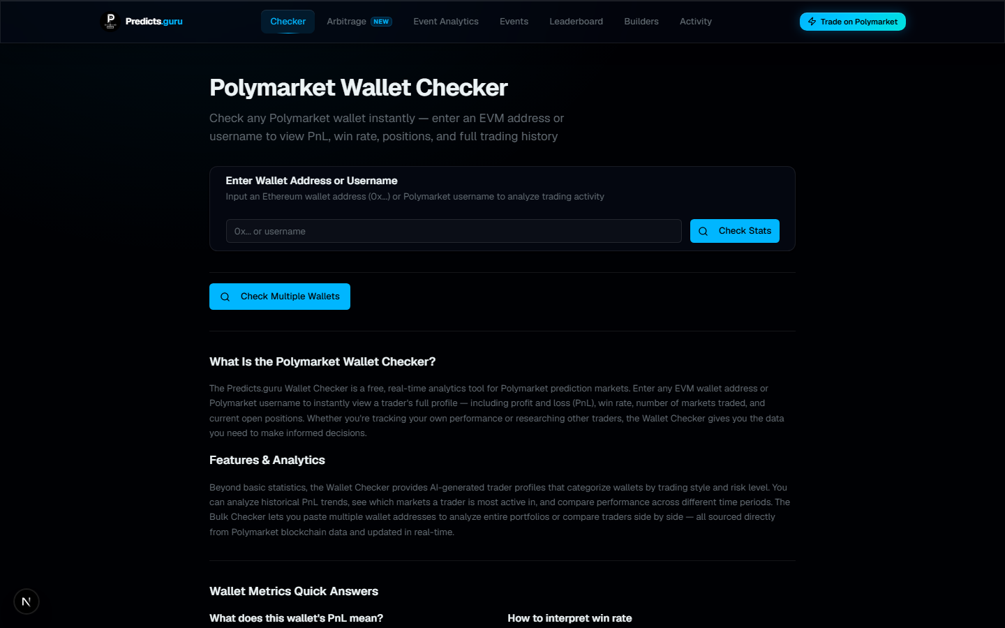 Predicts.Guru Polymarket Wallet Checker page for wallet research