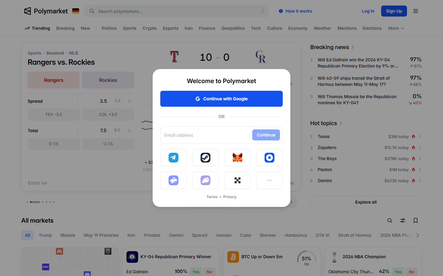 Polymarket signup modal with Google, email, and wallet login options