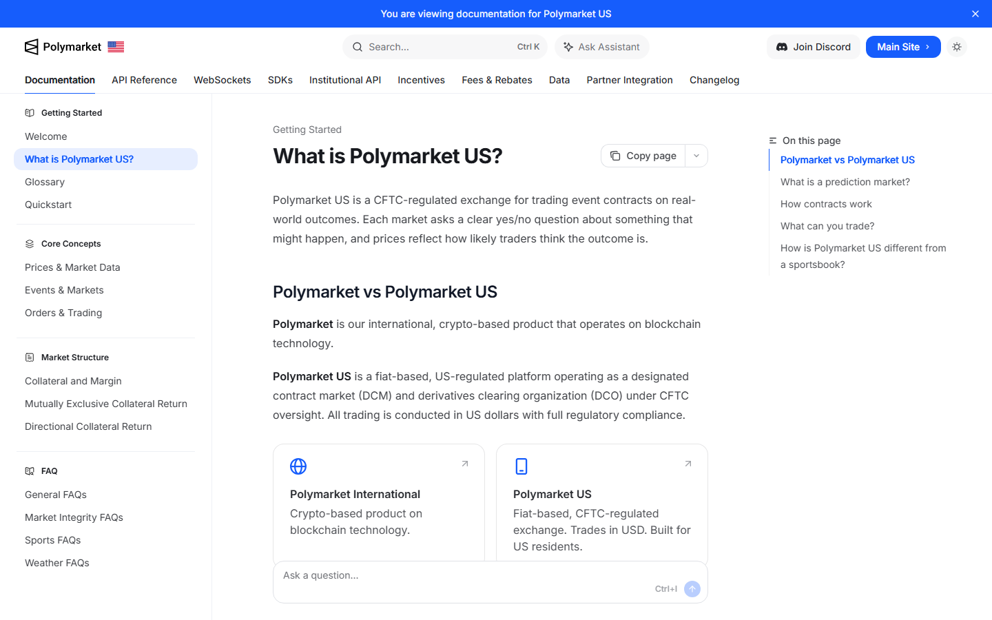 Polymarket US documentation page explaining the U.S. regulated product